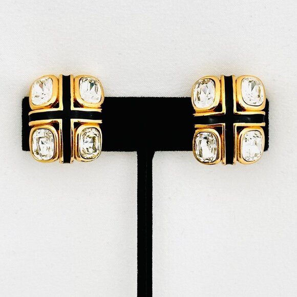 Vintage Christian Dior Gold Tone Faceted Rhinestone/Black Enamel Clip Earrings - Picture 1 of 9